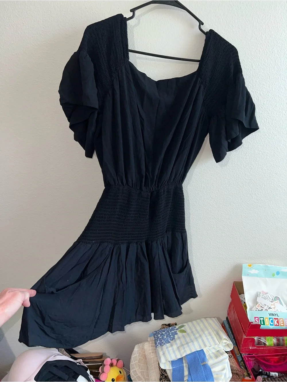 Free People Navy Blue Smocked-Waist Puff Sleeve Mini Dress